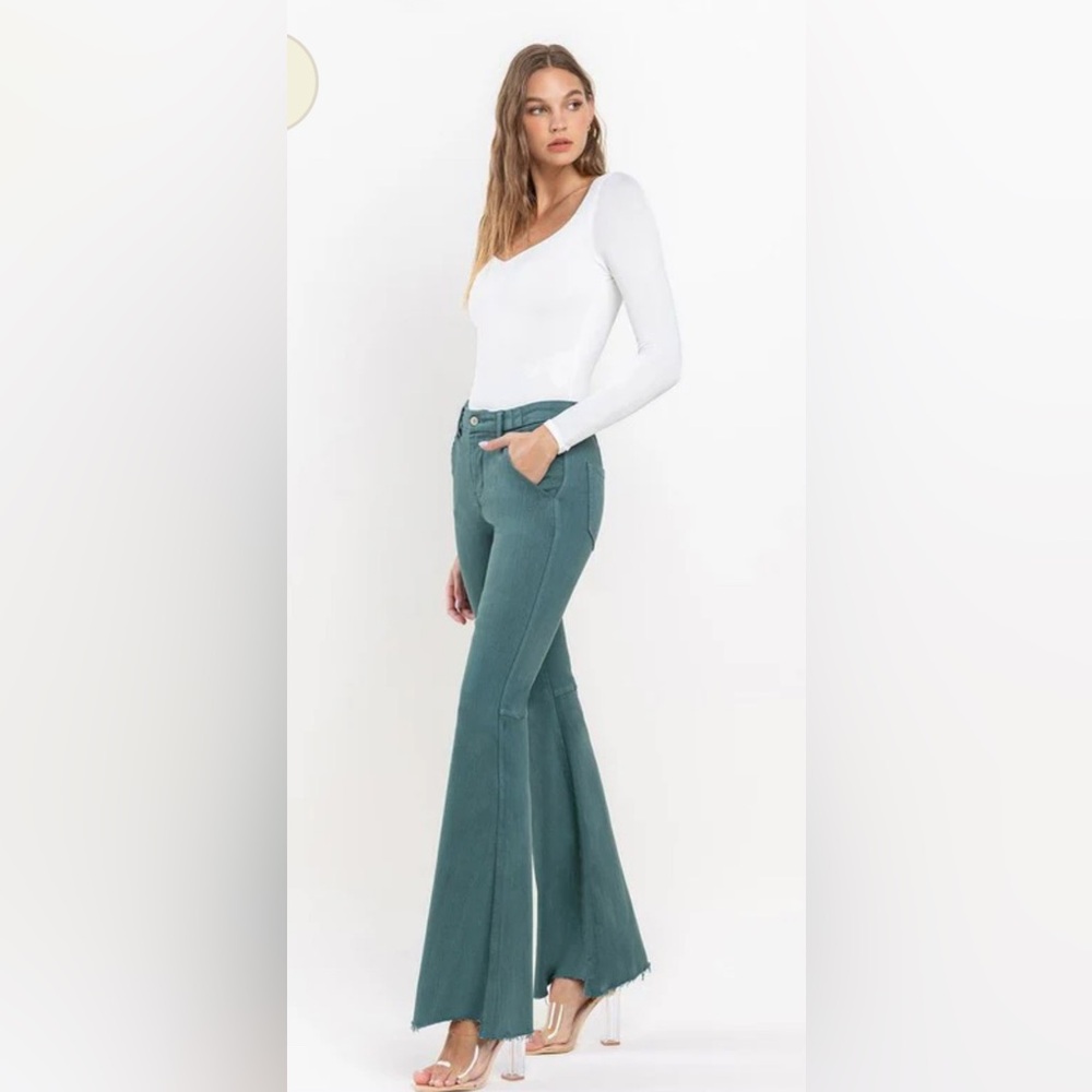 Green High Rise Raw Hem Super Flare Jeans